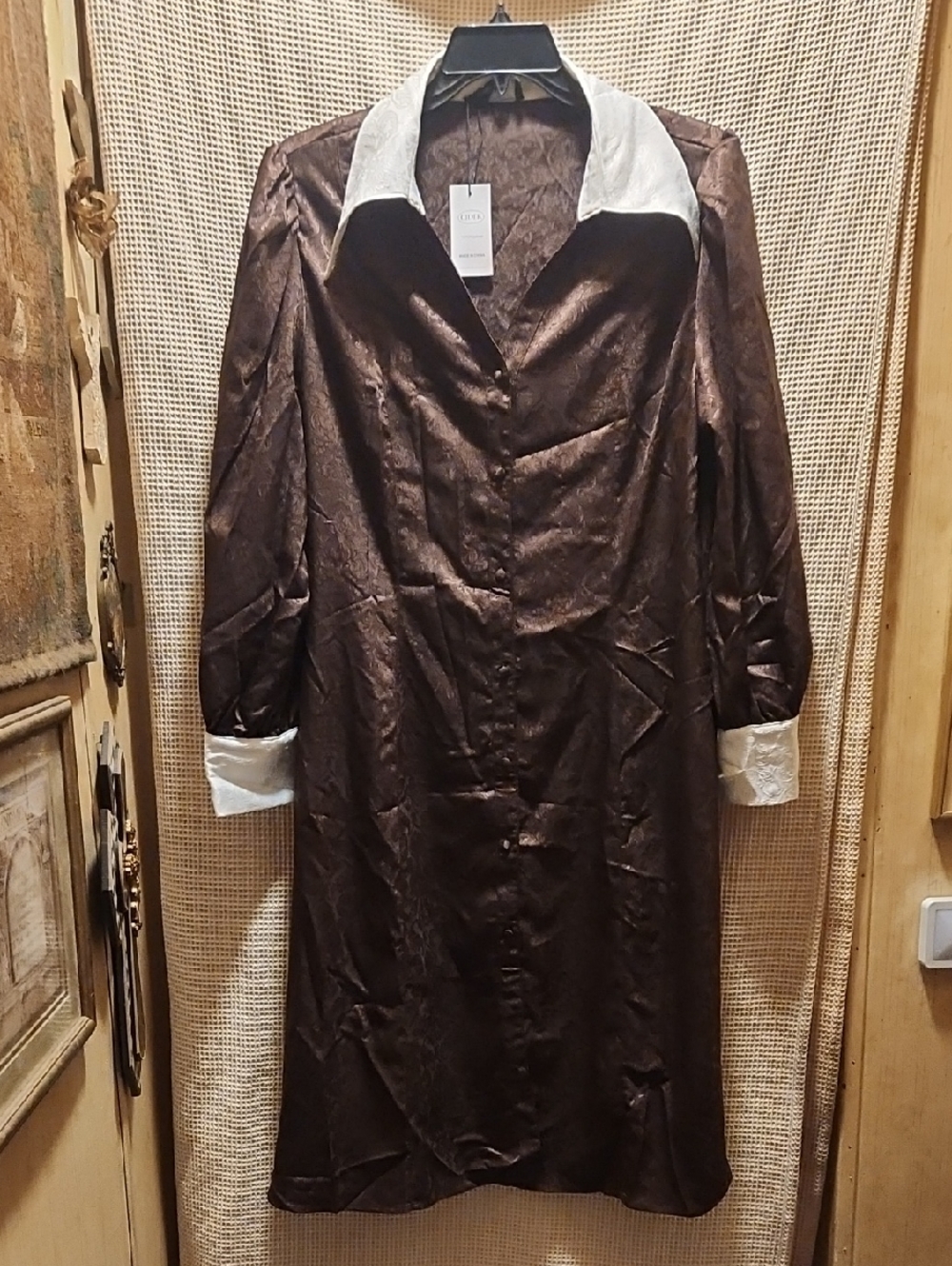 Cider Brown Long Sleeve Shirt Dress with White Collar & Cuffs